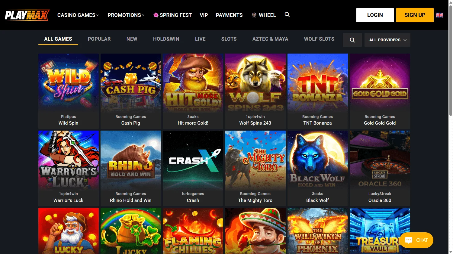 Playmax Casino desktop games area with casino categories