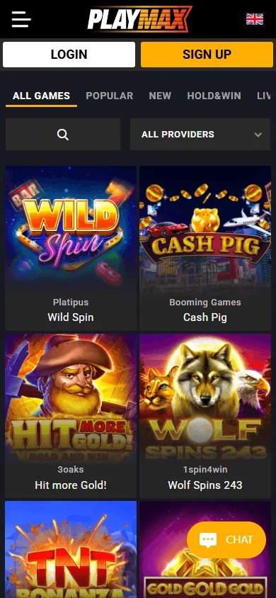 Playmax Casino mobile games area with slots and casino categories